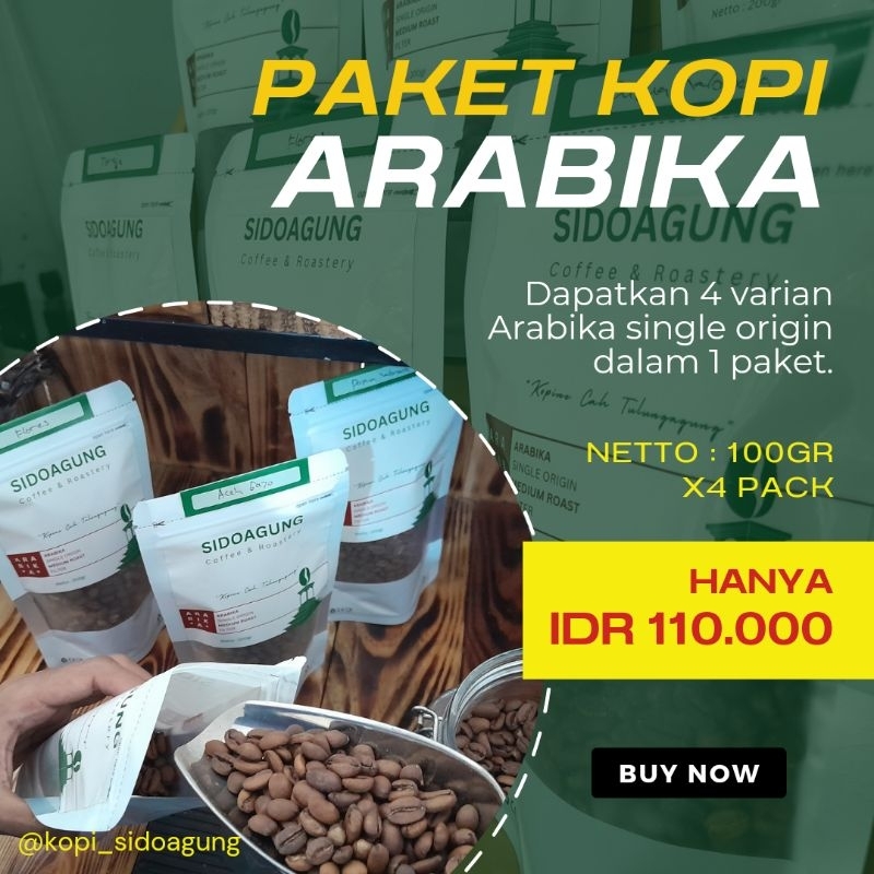 

Paket kopi Arabika kemasan ekonomis 100gr x4