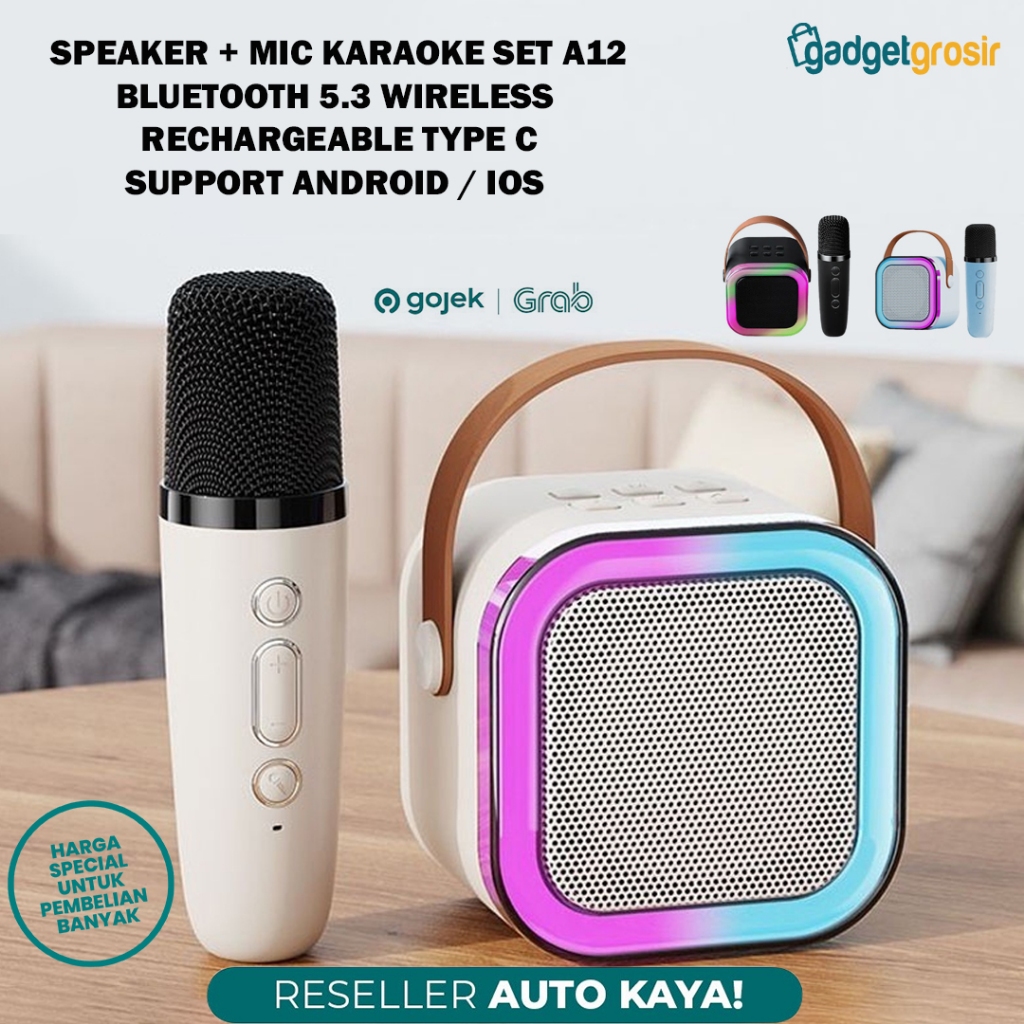 Speaker Karaoke Bluetooth + Wireless Microphone Mini Mic K1 / K2 / K3 / K12 With RGB Light Support M