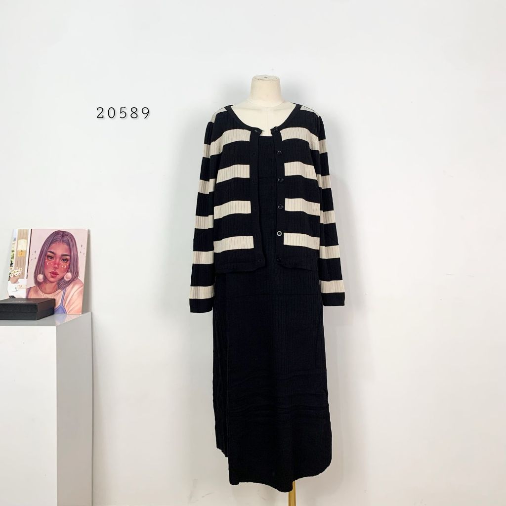 DRESS RAJUT 2IN1 INNER LONG DRESS YUKENGSI POLOS MIX OUTER CARDI STRIPE GARIS FULL KANCING DEPAN LEN