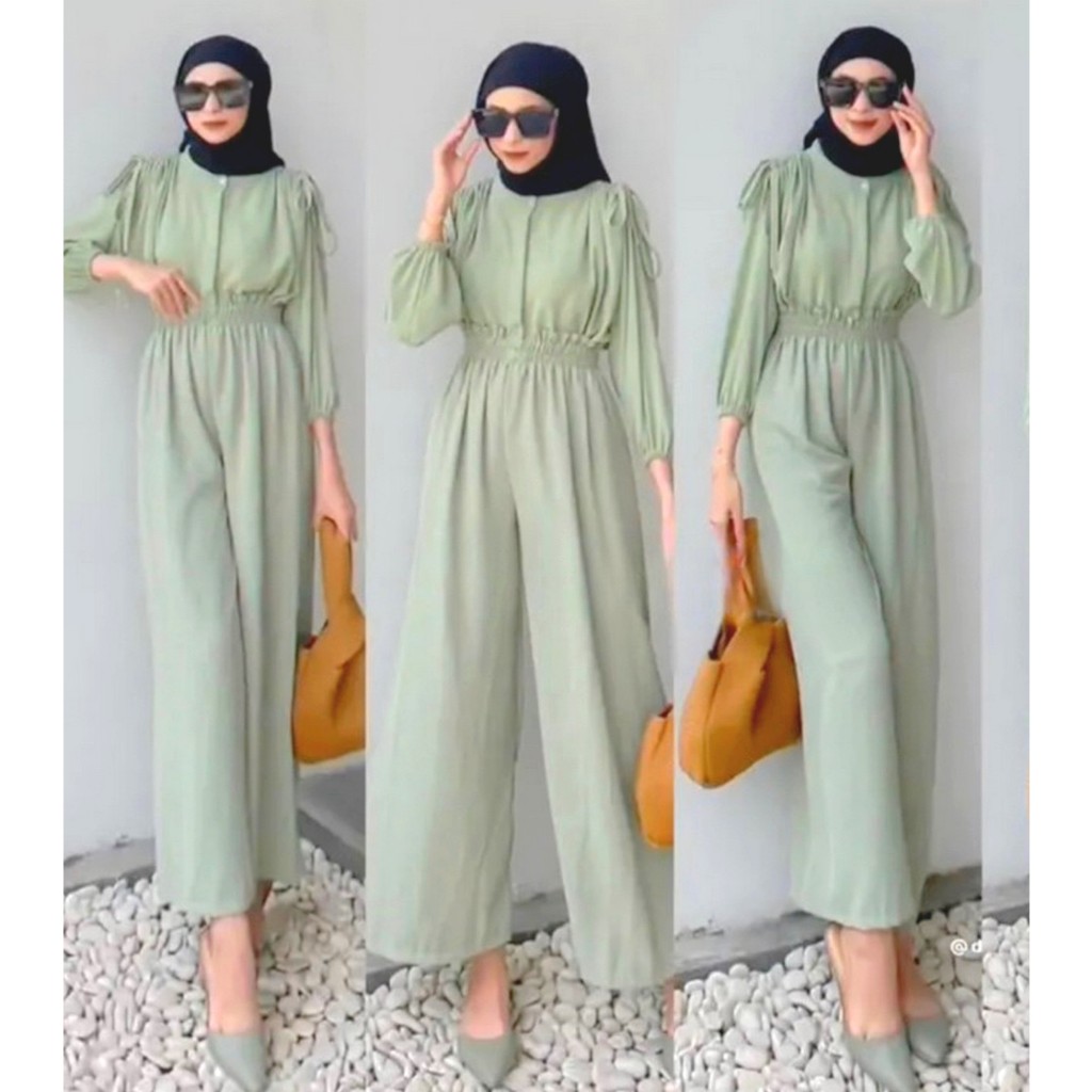 Setelan Setcel Baju Celana Jalan Wanita Sage Jumbo Model Kekinian Terbaru 2024