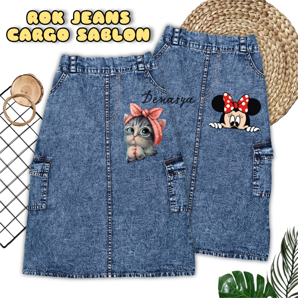 ROK CARGO JEANS ANAK KEKINIAN / ROK PANJANG SNOWBLUE MOTIF SABLON ANAK 2-12 TAHUN