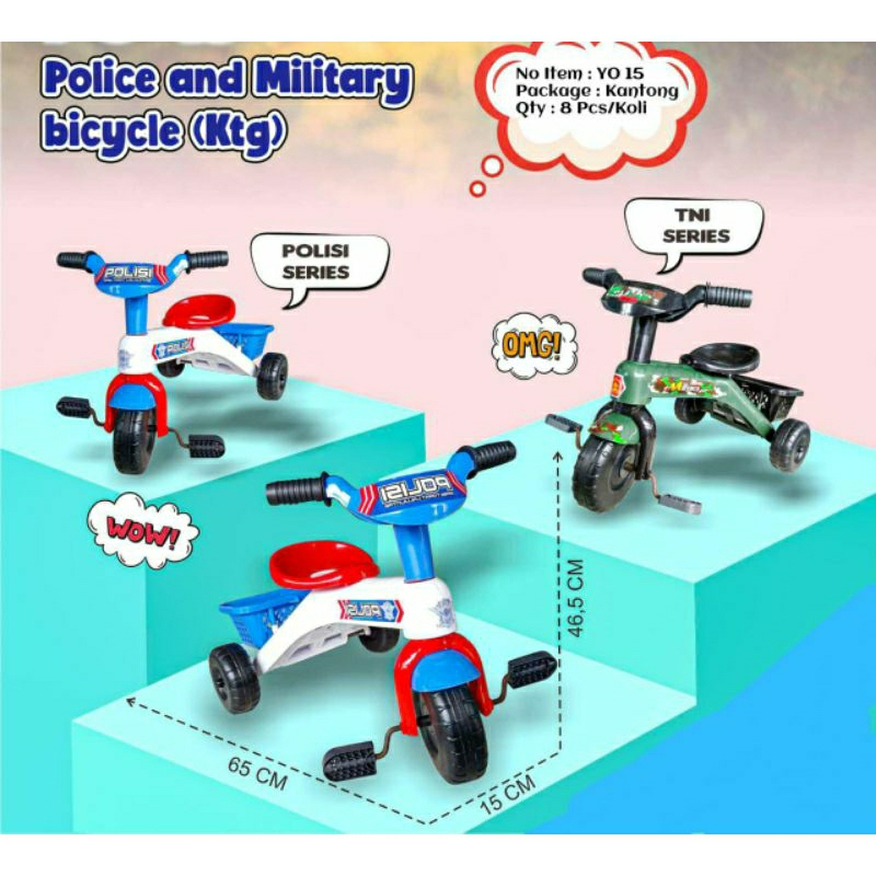 Sepeda Anak Roda 3 Polisi / TNI Tricycle YO 15 | Sepeda Dorong Anak 2-5 Tahun | Kuat Stabil Ada Kera