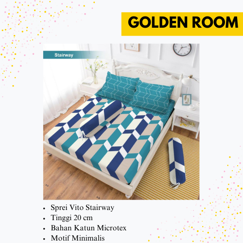 Sprei Vito Motif Stairway Bantal 2 Tinggi 20 Seprai Katun Halus B2 T20 Warna Hijau Tosca Cerah 180 x