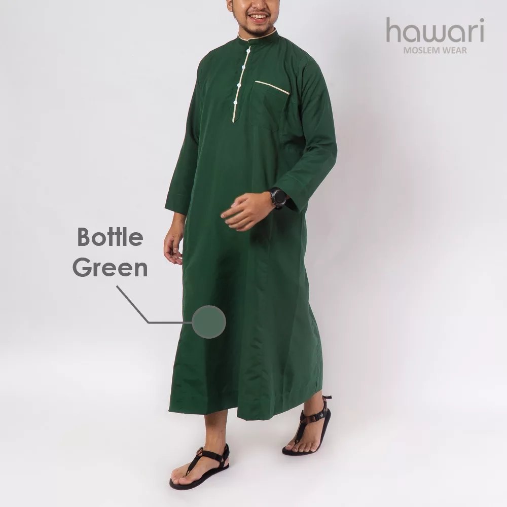 Jubah Warna Hijau Botol Lengan Panjang Gamis Pria Muslim Dewasa Modern Hawari