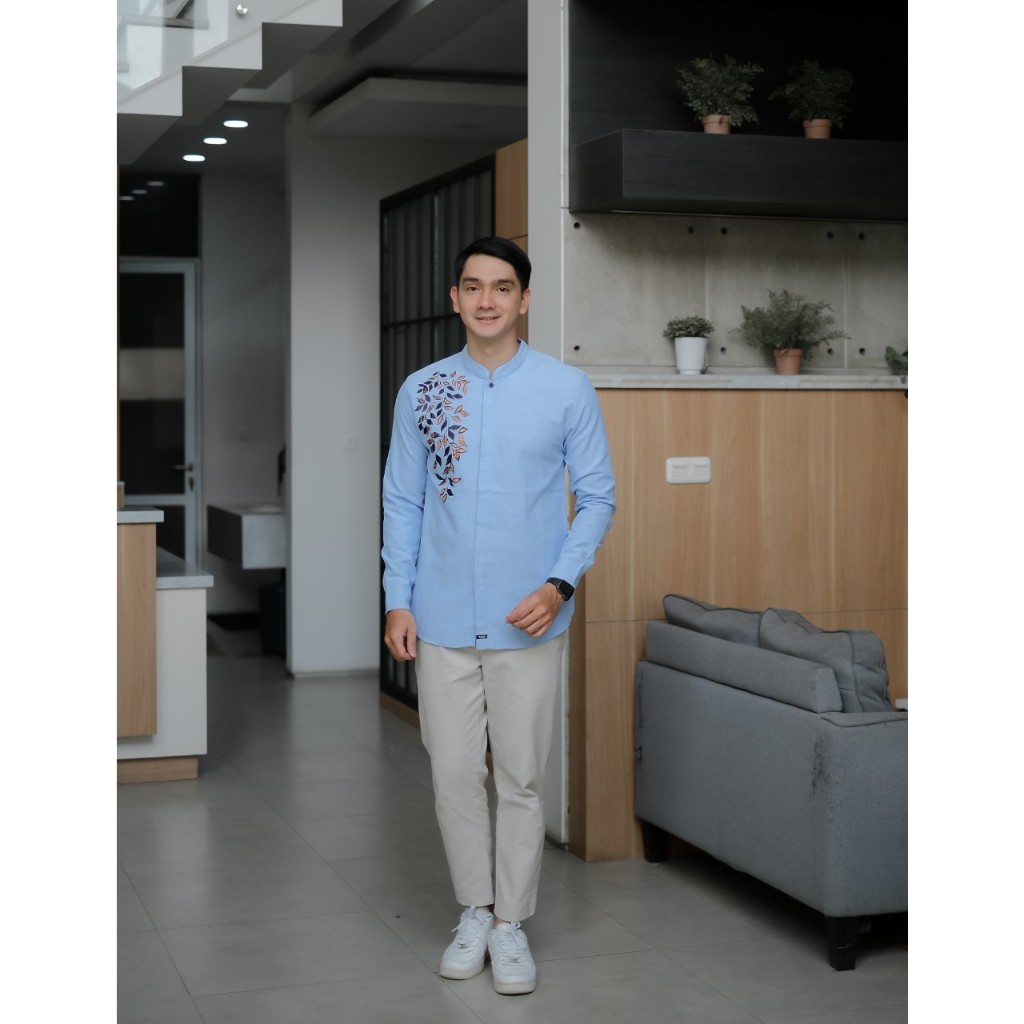 Kemeja Koko Lengan Panjang Blue Sablon - Kemeja Lengan Panjang Pria