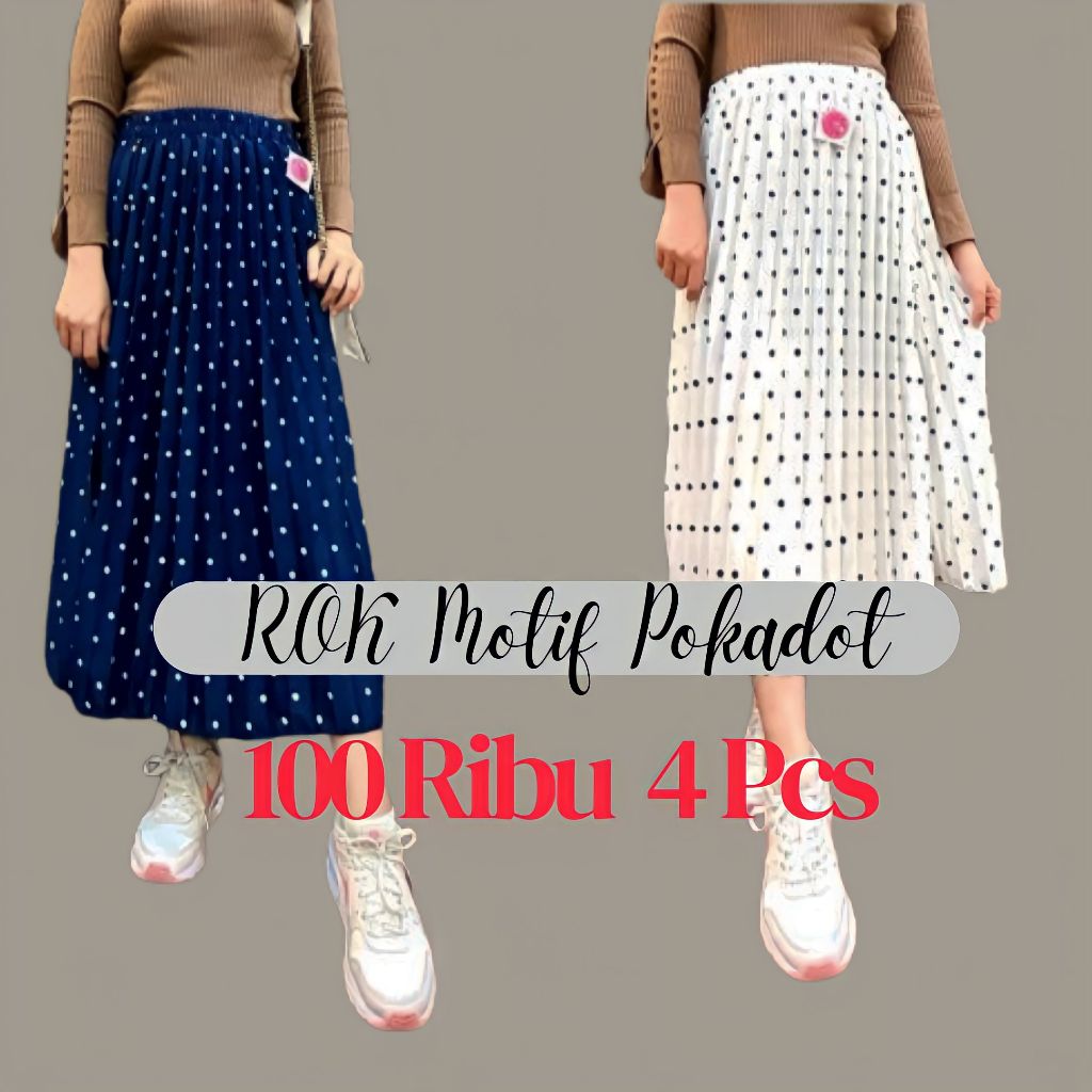 ( 4 PCS ) ROK PLISKET 7/8 MOTIF POlKADOT Fashion Wanita Rok Panjang Model Wanita Korea Trendy Terbar