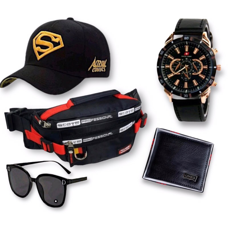 PAKET COMBO SUPER HEMAT 5in1 Jam Tangan Kulit Bonus Topi Bonus tas Bonus Dompet Dan Kacamata/ Paket 
