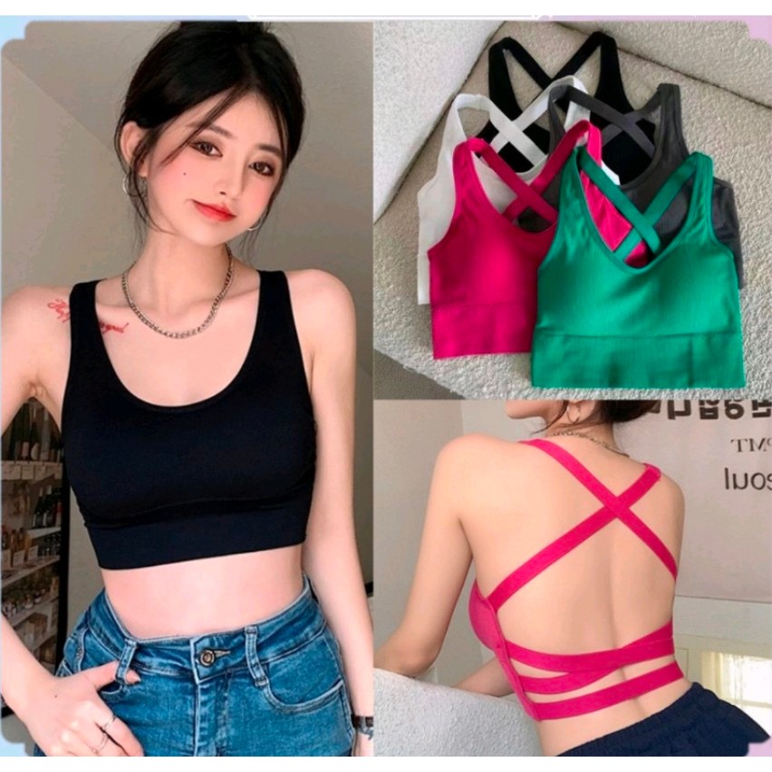 Sport Bra Fashion Tali Silang Belakang BH Olahraga Tanpa Kawat
