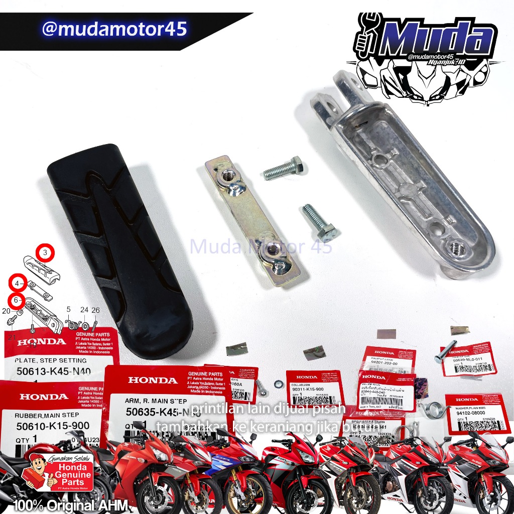 PIJAKAN KANAN CBR150R DEPAN K45G K45N K45R FOOT STEP REST BESI SET KARET PLAT 50635-K45-N40 FOOT STE
