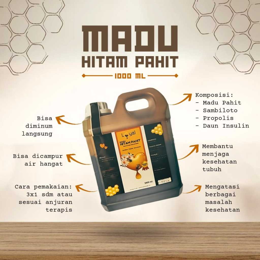 

Madu Hitam Pahit Loyal 1kg - Madu Hitam Pahit Premium Plus Propolis Sambiloto Daun Insulin
