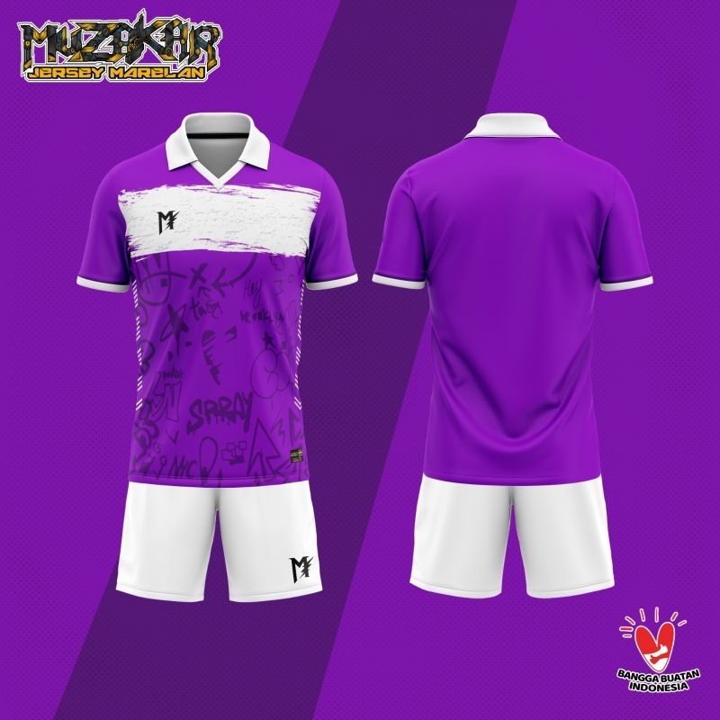 MUZAKAR Baju Futsal Setelan Stelan Jersey Berkerah Ungu Putih, Bisa Sablon