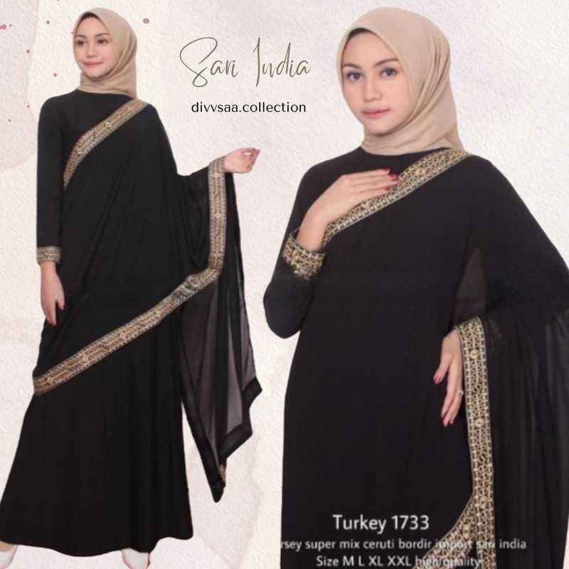 NEW GAMIS ABAYA TURKEY HITAM BORDIR SARI INDIA MEWAH ELEGAN TERBARU