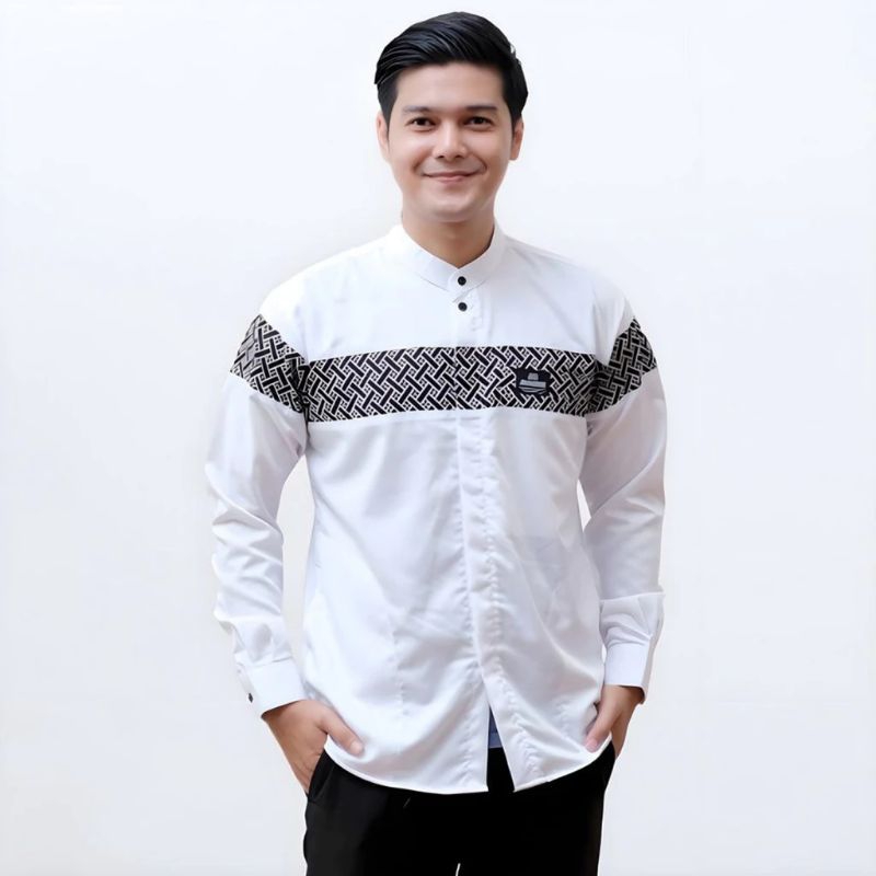 BAJU KOKO PRIA DEWASA LENGAN PANJANG MOTIF BATIK WARNA PUTIH