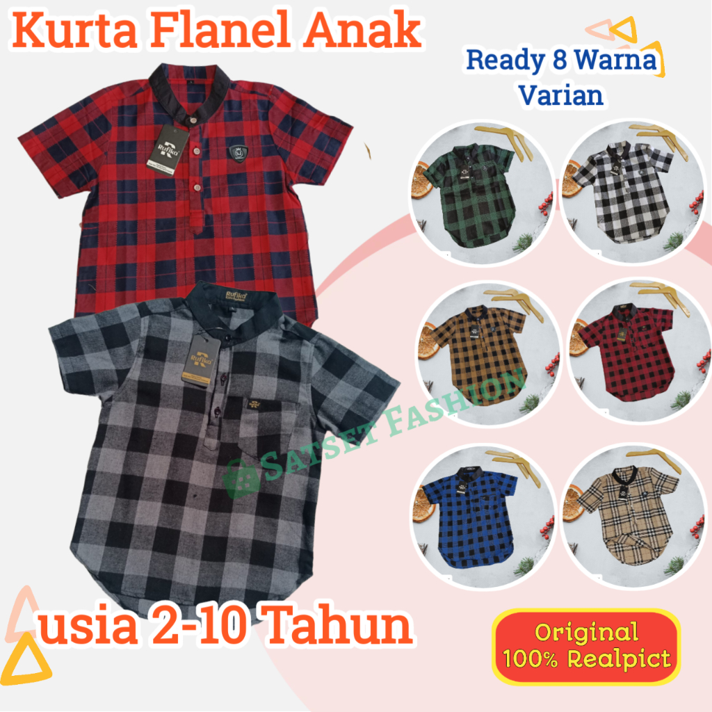 SF003 Koko Kurta Flanel Anak Kotak Kotak Kemeja Muslim Anak Pria Laki Laki 2 3 4 5 6 7 8 9 10 Tahun