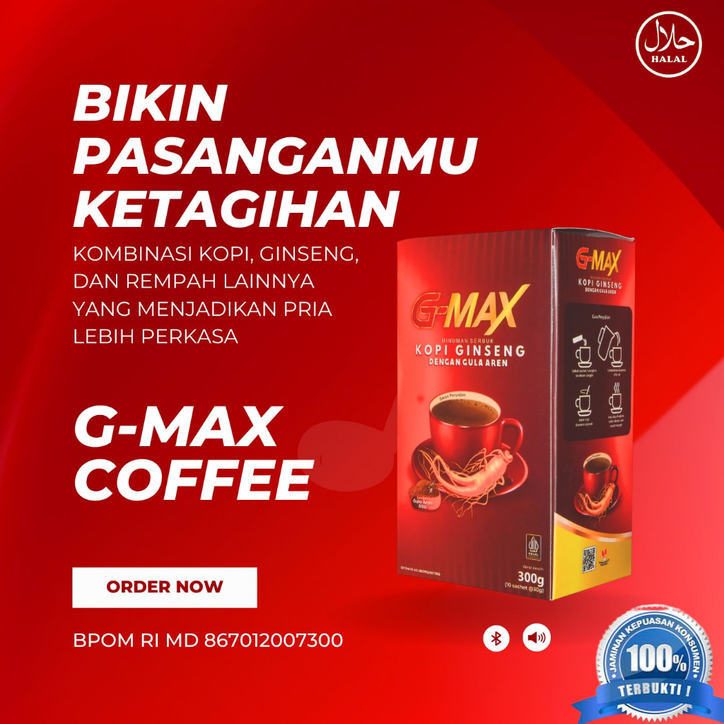 

TERLARIS! G-MAX COFFE - KOPI GINGSENG PENAMBAH STAMINA PRIA DEWASA ORIGINAL BPOM