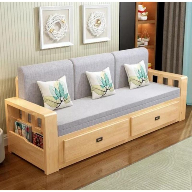Sofabed Minimalis Multifungsi Kursi 3 Laci Ruang Tamu/TV Sofabed Jati Premium Realpict