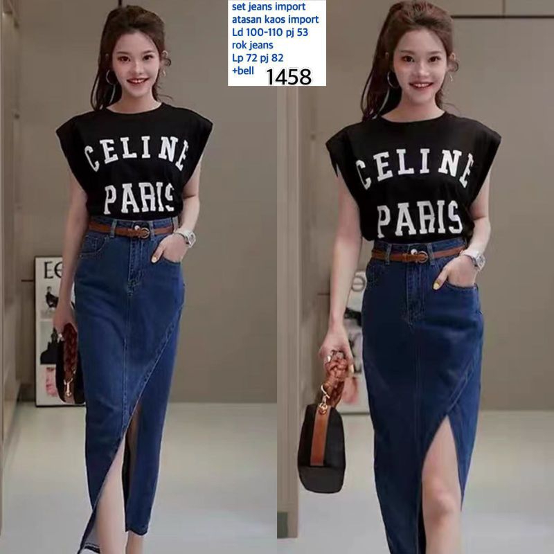 1458 setelan kaos kombi jeans Celine* premium+belt/setelan kekinian