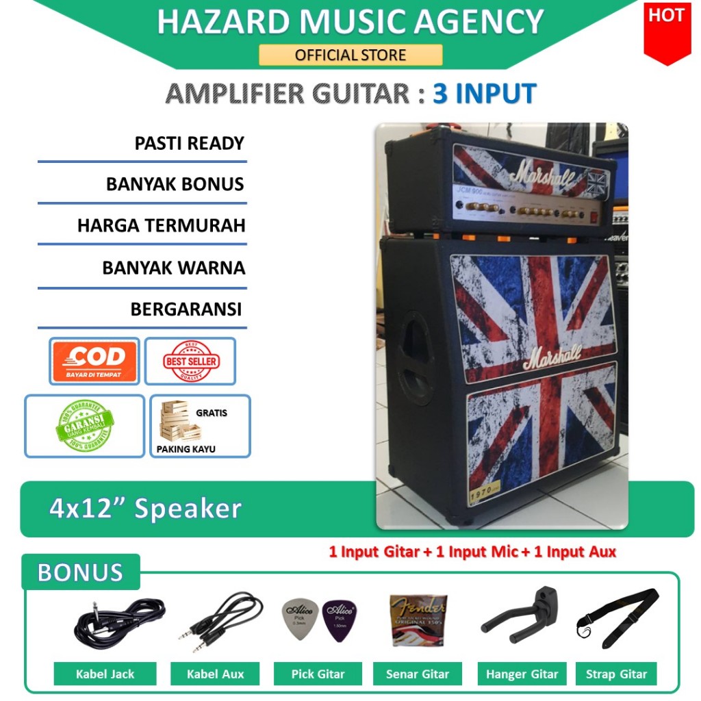 Ampli Gitar & Bass 4x12 Inch Marshall bisa untuk karaoke 3 Input Head Cabinet termurah cover