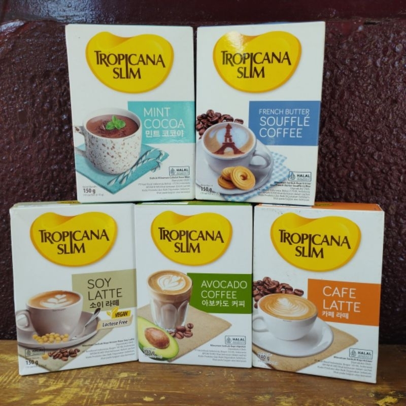 

Tropicana Slim Cafe Latte Soy Latte Avocado coffee mint cocoa french butter souffle salted caramel 10 sachet