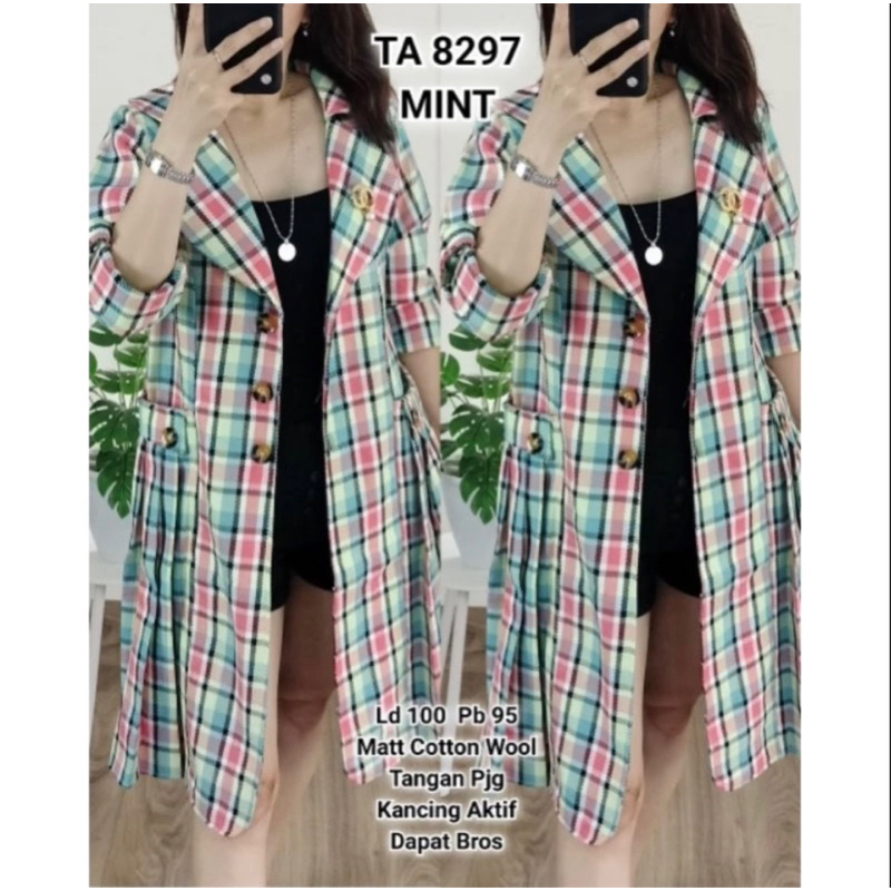 LONG BLAZER MOTIF KOTAK MINT TERBARU / BLAZER WANITA PANJANG