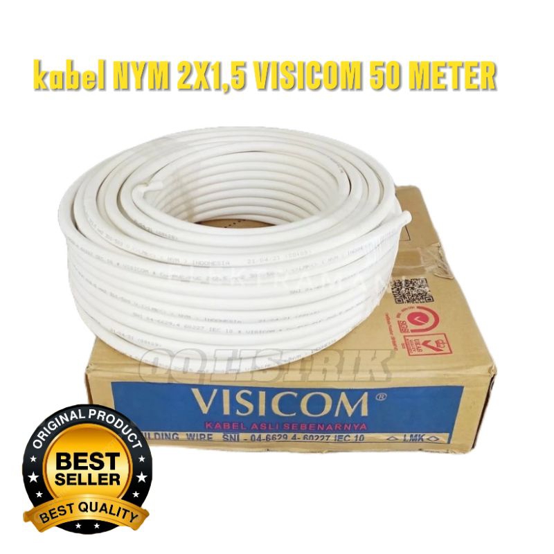 kabel listrik nym 2x1,5 visicom 50 meter, tembaga murni ,kabel kawat isi 2, 2x1,5