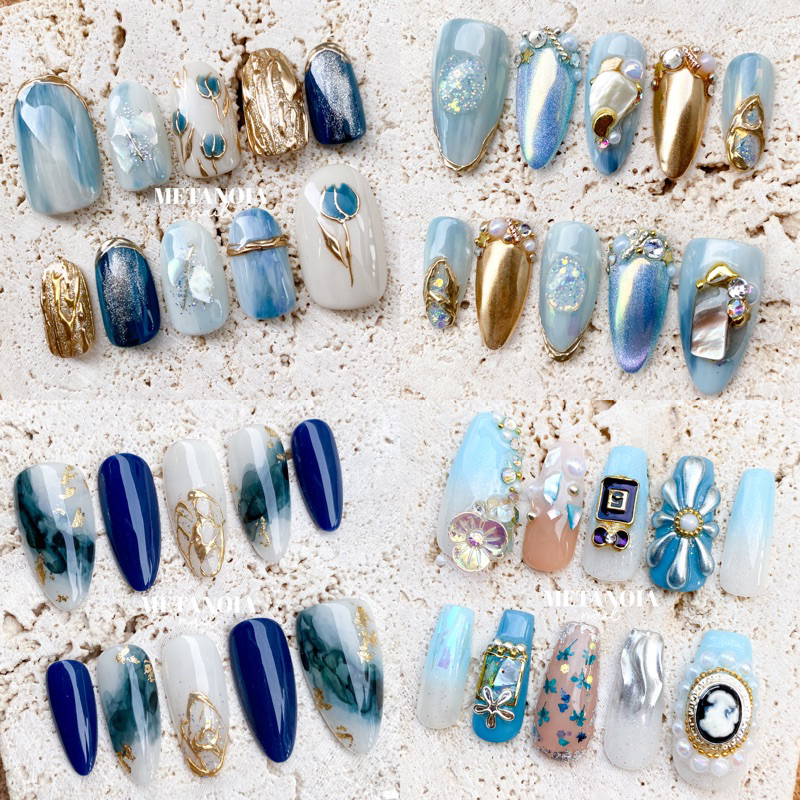 BISA CUSTOM ✅ - PREMIUM PRESS ON NAILS KUKU PALSU KUPAL FAKE NAIL ART BIRU BABY BLUE NAVY WEDDING KO