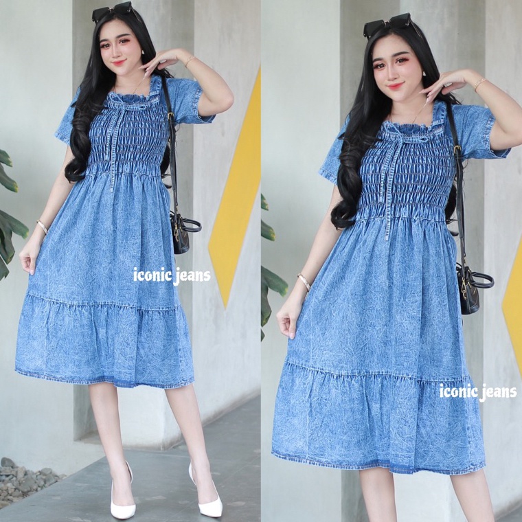 RealPict iconicjeans  Denim Dress Terbaru Daster Jeans Kerut Cantik Busui