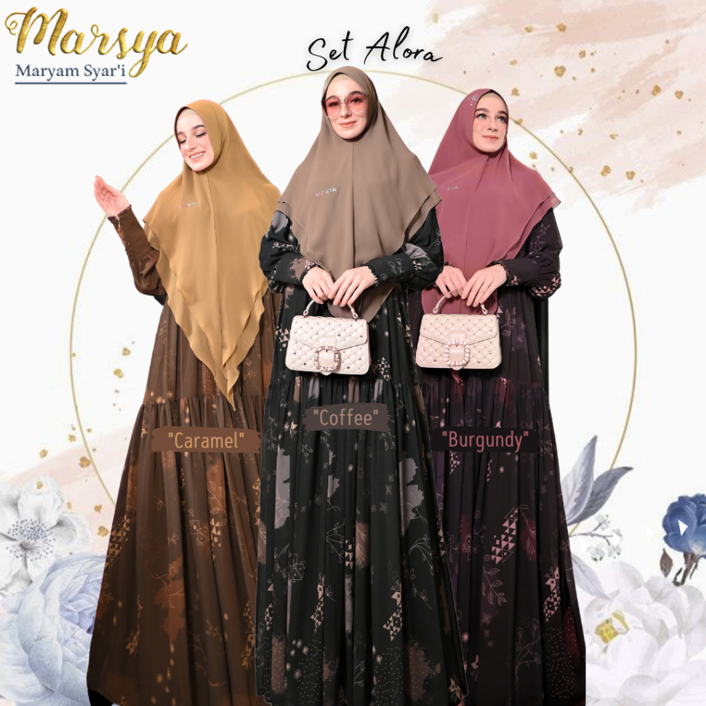 Set Gamis Dress Ceruty Babydoll Printing Premium Syari Pink Fanta - Coklat Tua - Mocca - Burgundy - 