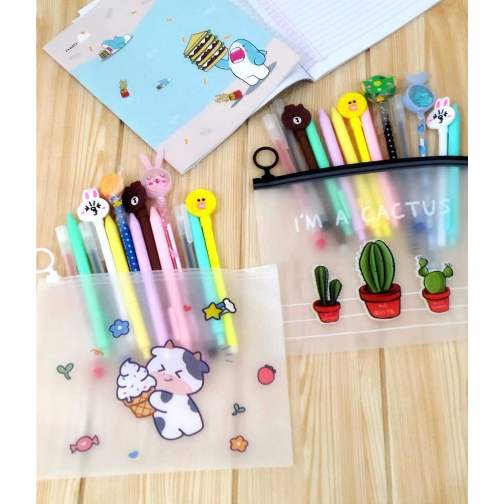 

Pouch Alat Tulis Transparan Set Pensil Pulpen Murah Lucu