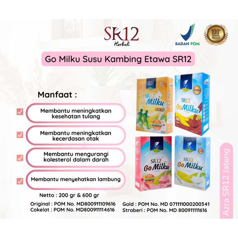 

Gomilku SR12 Susu Kambing Etawa / Gomilku Stroberi / Gomilku Cokelat / Gomilku Vanilla / Gomilku Gold / Go Milku SR12