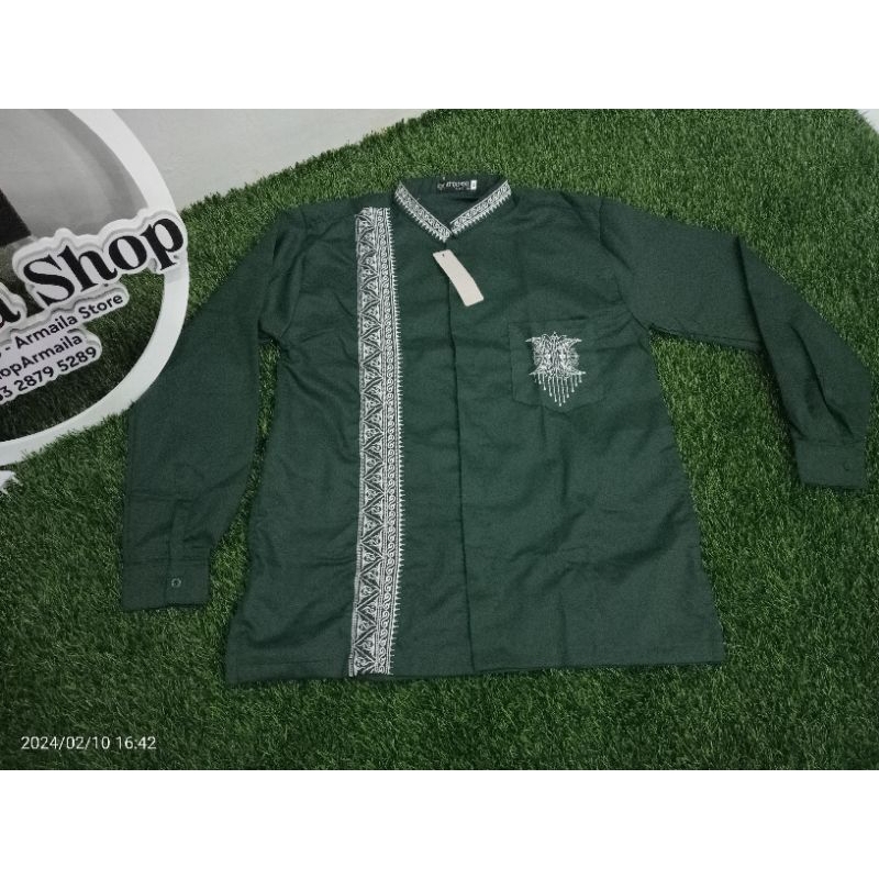 Koko Bordir Motif Pintu Aceh Lengan Panjang Hijau Botol