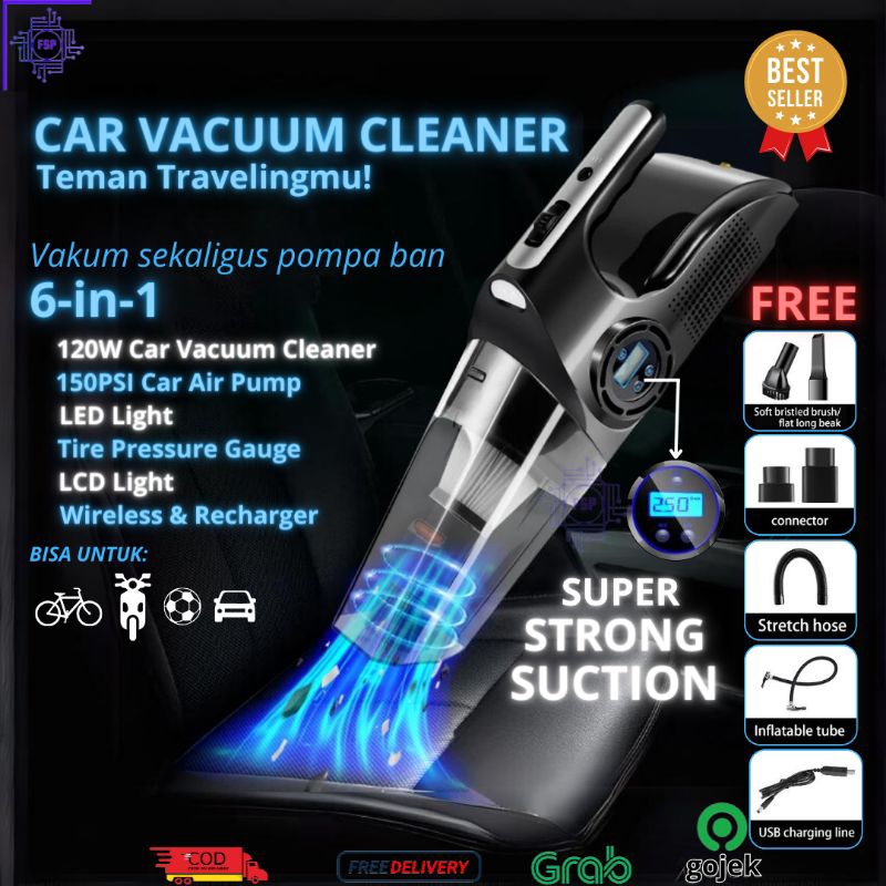 Vacum Cleaner Mobil + Kompresor Udara Ban Vakum LCD 6000Pa + Senter