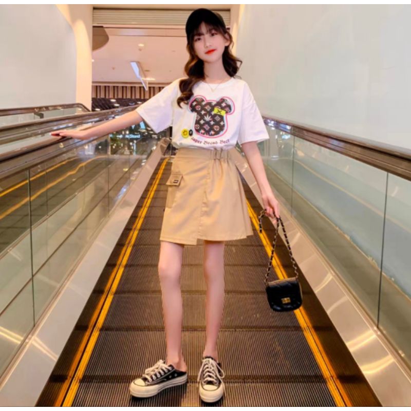 Setelan Rok + Kaos Bear Bangkok Korean Vintage Style Premium Import Anak Perempuan