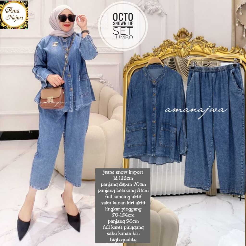 octo setelan 1 one set oneset stelan atasan jeans washed wash jumbo besar oversize over big size ld 
