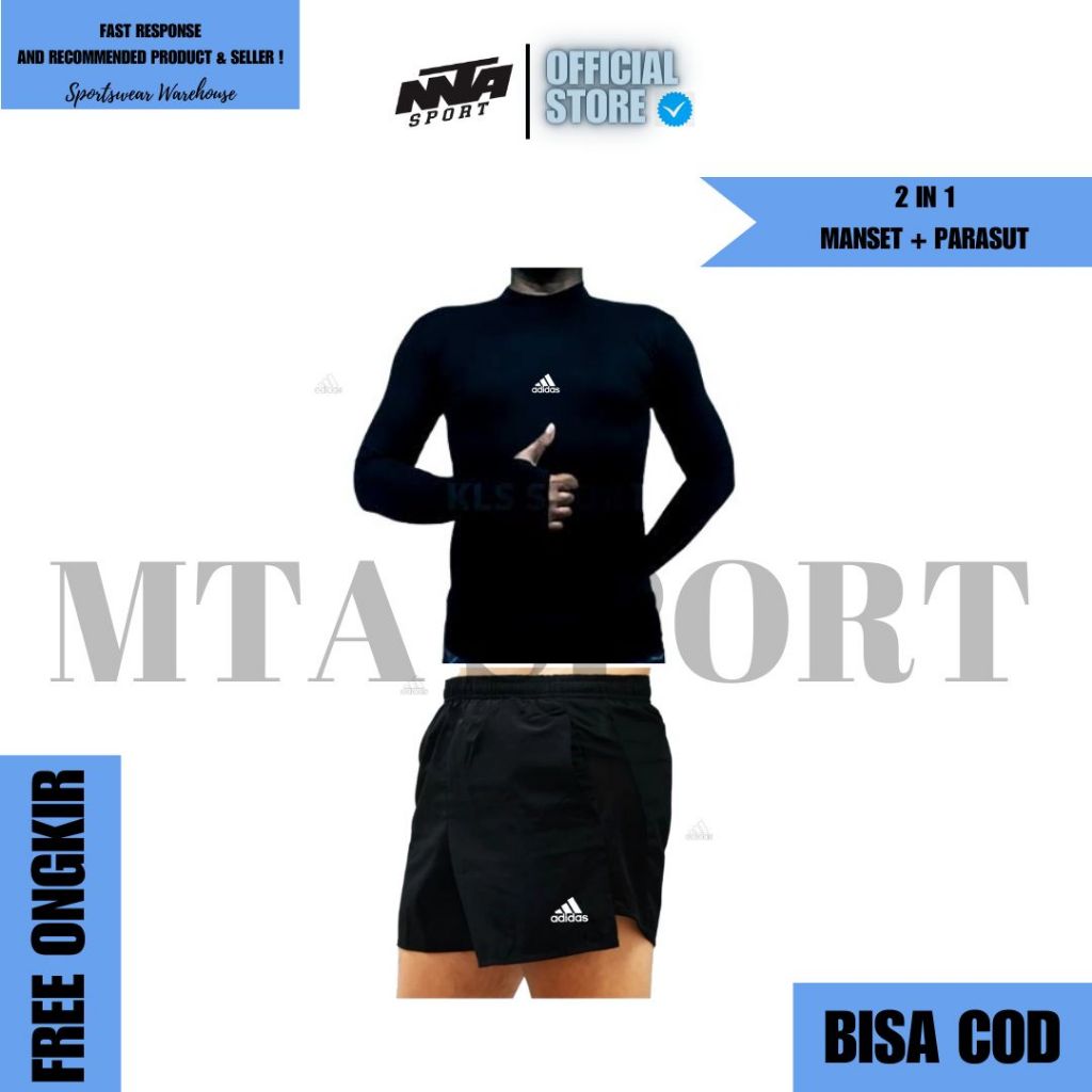 COD ECER DAN GROSIR PAKET 2PCS 2 IN 1 Baju MANSET BASELAYER DAN CELANA PENDEK PARASUT SPORT HITAM PO