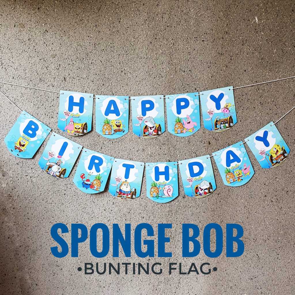 Spongebob Flag Banner Bunting Happy Birthday Dekorasi Pesta Hiasan Ulang Tahun Backdrop Spanduk