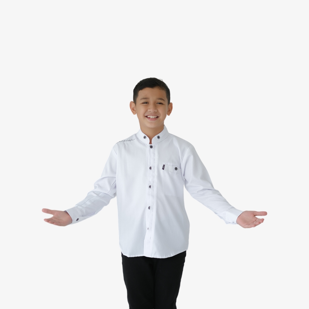 BARS CLOTH.CO Baju Muslim Anak Laki Laki Terbaru 2024 Usia 3 4 5 6 7 8 9 10 11 12 Tahun New Kemko Al Syam Habaib Lengan Panjang Bahan Toyobo Premium Seragam Santri Putra Gus Azmi Hadroh Az Zahir Model Elegan Mewah Simple Modern Outfit Lebaran Kekinian-Putih