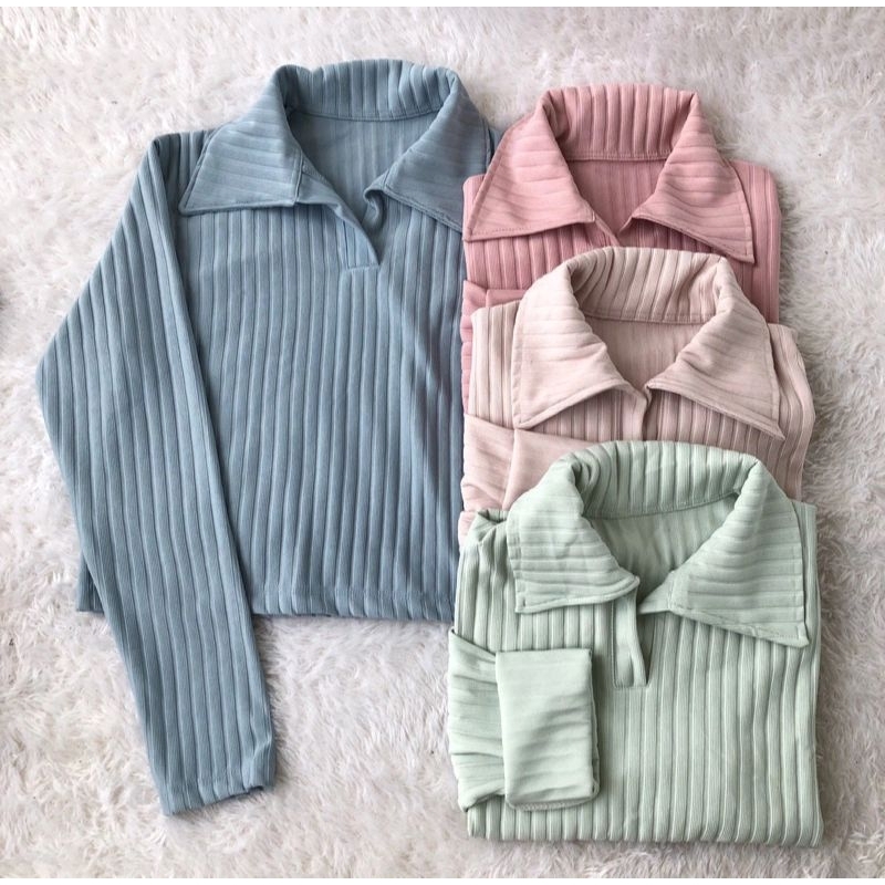 Sweater Polo Lengan Panjang Kerah / Kaos Polo Crop Top Hornet Premium / Polo Knit Lengan Panjang Wan