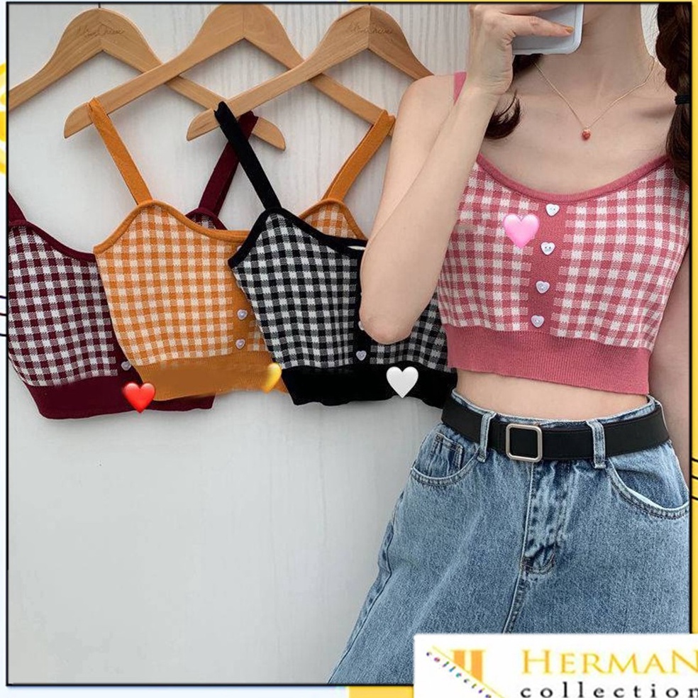 BEST SELLER HC Tank Top Crop Wanita Motif Kotak  Kotak 6611 Korean Square Knit Tanktop Fashion Korea