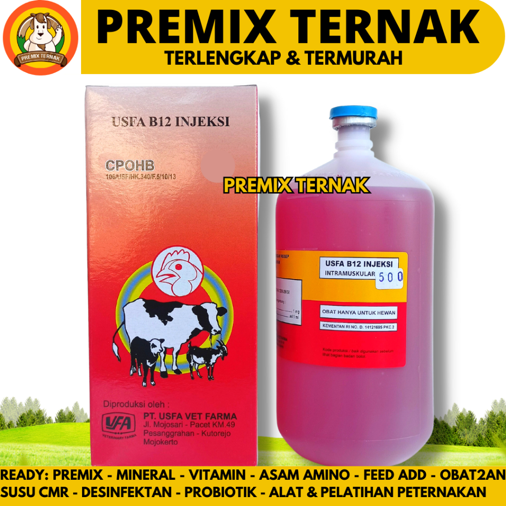 USFA VITAMIN B12 500 ML - Vitamin B12 Injeksi Hewan Sapi kambing Domba Babi Ayam