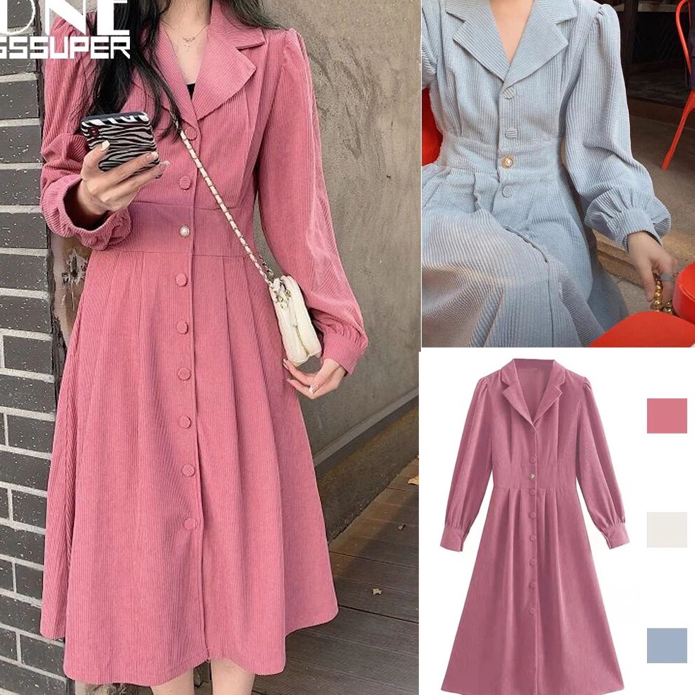 BEST SELLER Gaun korduroi Prancis lengan panjang setelan retro kerah pinggang rok panjang sedang
