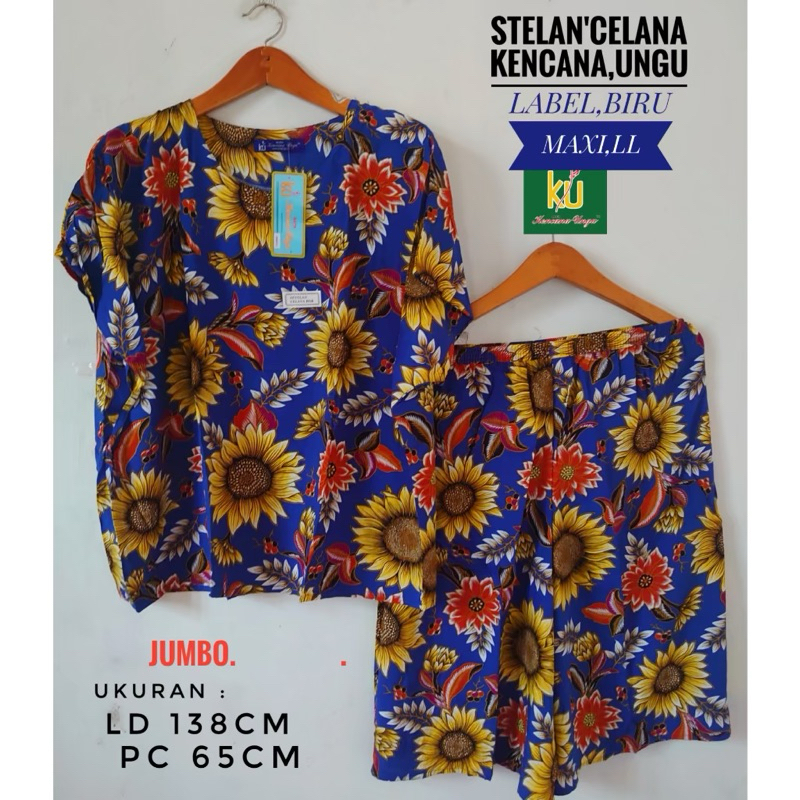 Batik Kencana Ungu Asli Setelan Jumbo MX LL LD.138 cm Label Biru /Baby Doll Setelan Kulot Pendek Baj