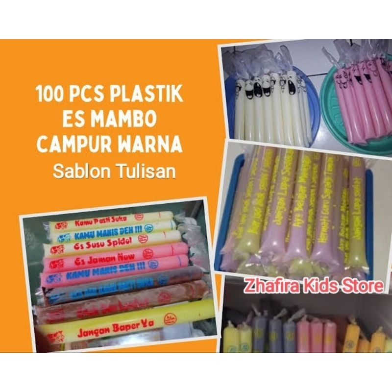 Plastik es Mambo bersablon 100 pcs ukuran 3x23 cm / plastik es Mambo karakter / plastik es Mambo kek