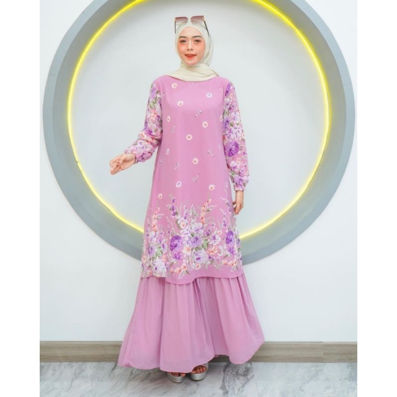 Gamis Melayu Motif Rempel Bawah Polos Ceruty Babydoll Premium