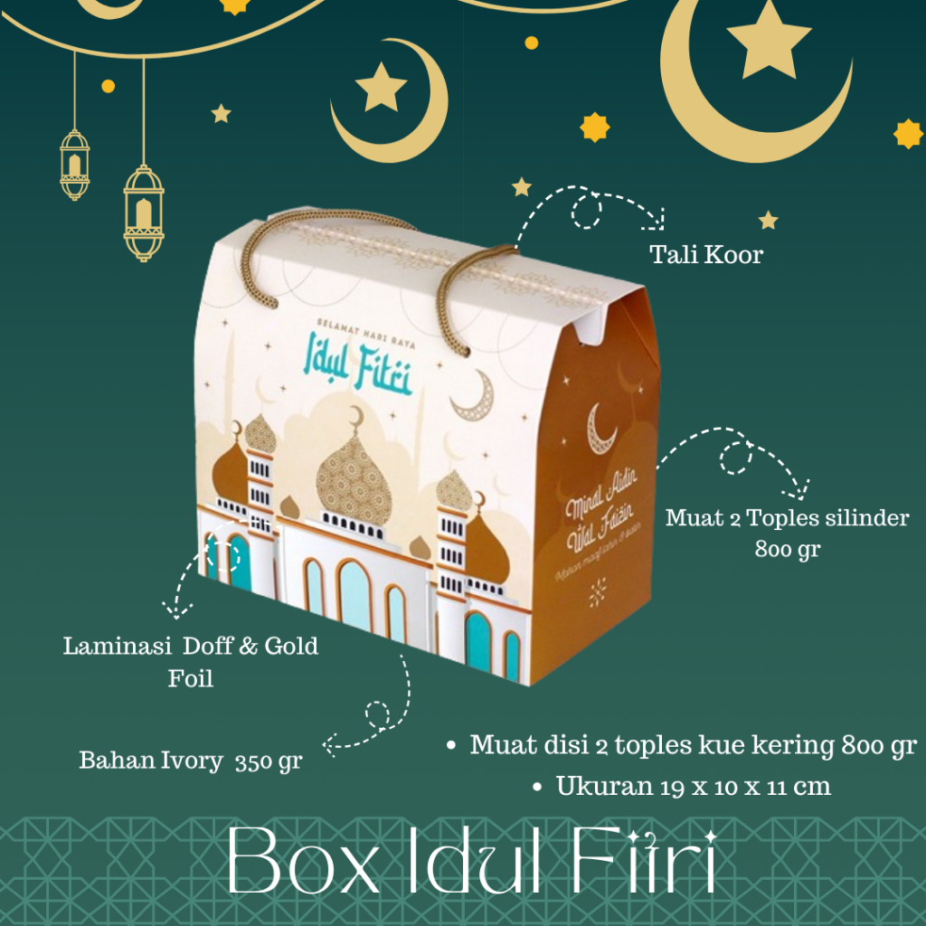 

GABLE BOX & BOX HAMPERS IDUL FITRI CREAM MOSQUE 19x10x11 cm -Muat 2 Toples silinder 800 gr