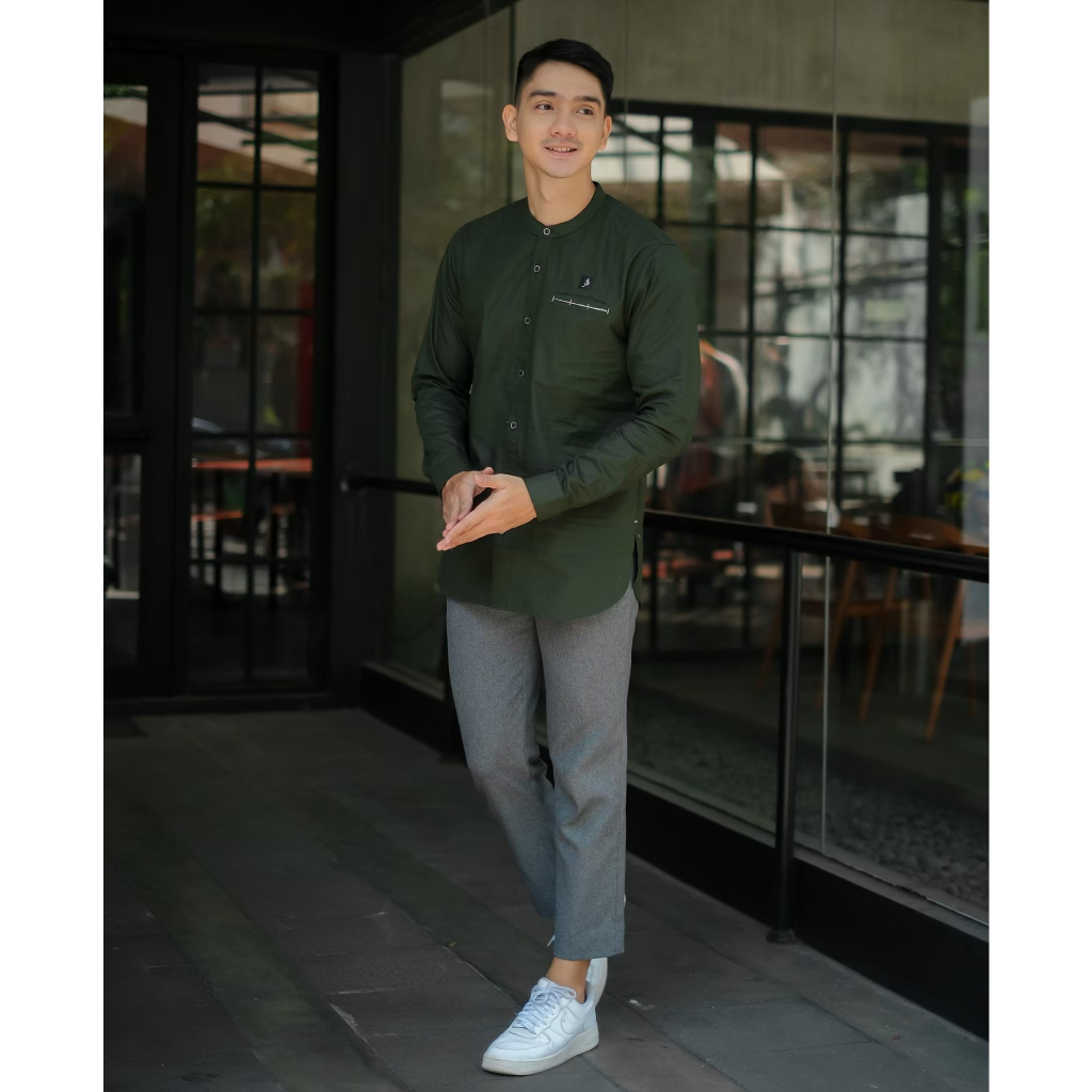 Baju Koko Kurta Dewasa Pria Lengan Panjang cigarete motif polos hijau botol bataTerbaru 2024