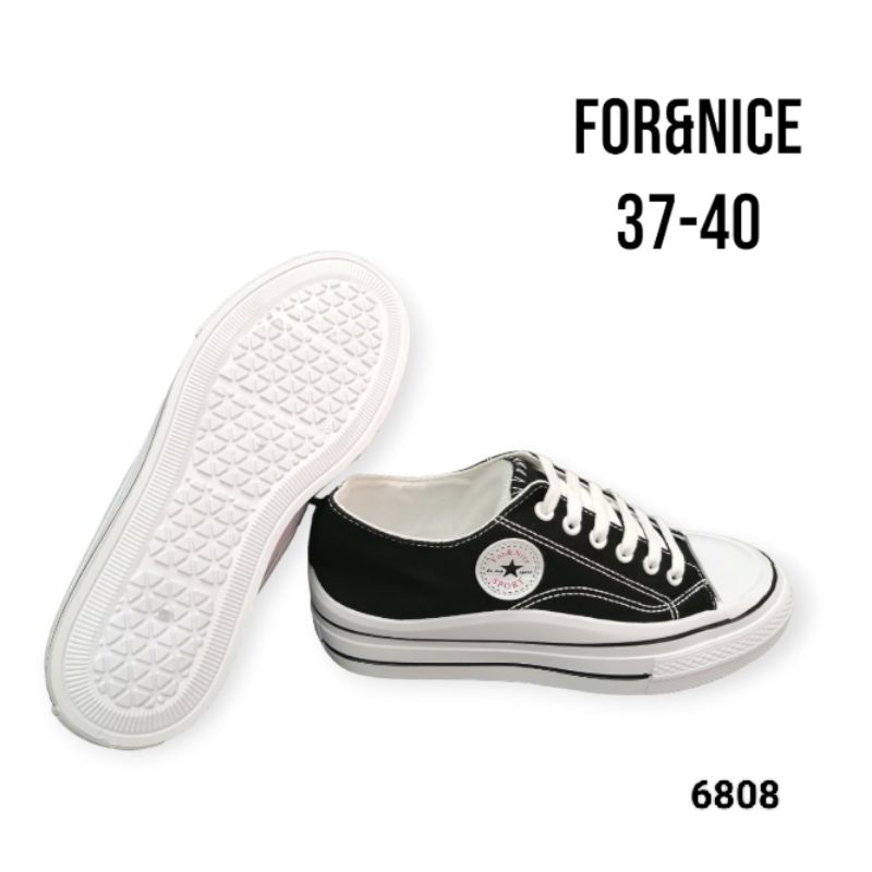 Sepatu Sekolah Wanita Sneakers Tali For&Nice 6801 Tali Hitam Putih