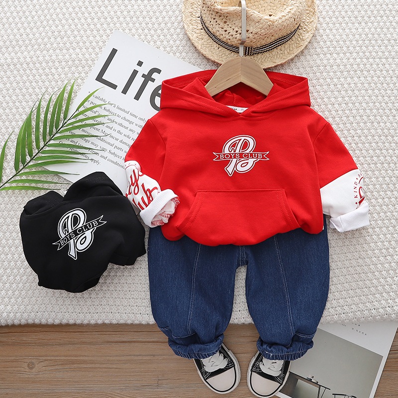 Setelan Anak Laki Laki Baju Fashion Set Anak Kaos Hoodie Lengan Panjang dan Celana Panjang Denim