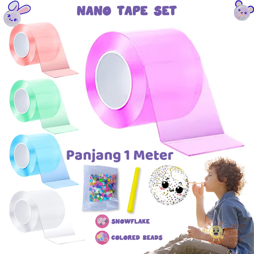 TAIYO Nano Tape Set 1 Meter Manik Manik DIY Tiup Balon Bubble Elastis Hiasan Aksesoris Mainan Anak