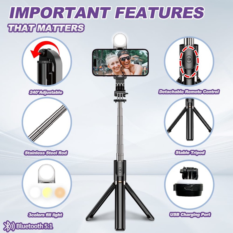 NEW TRIPOD Tongsis bluetooth K8 1.3M tripod remote LED tongsis wireless 130cm